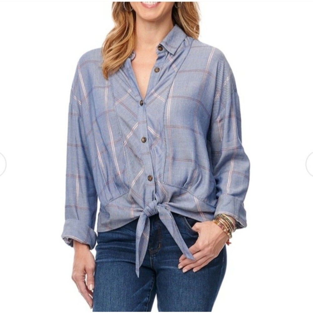 Democracy Women's Blue Plaid Tie Front Blouse Size 2X New With Tags